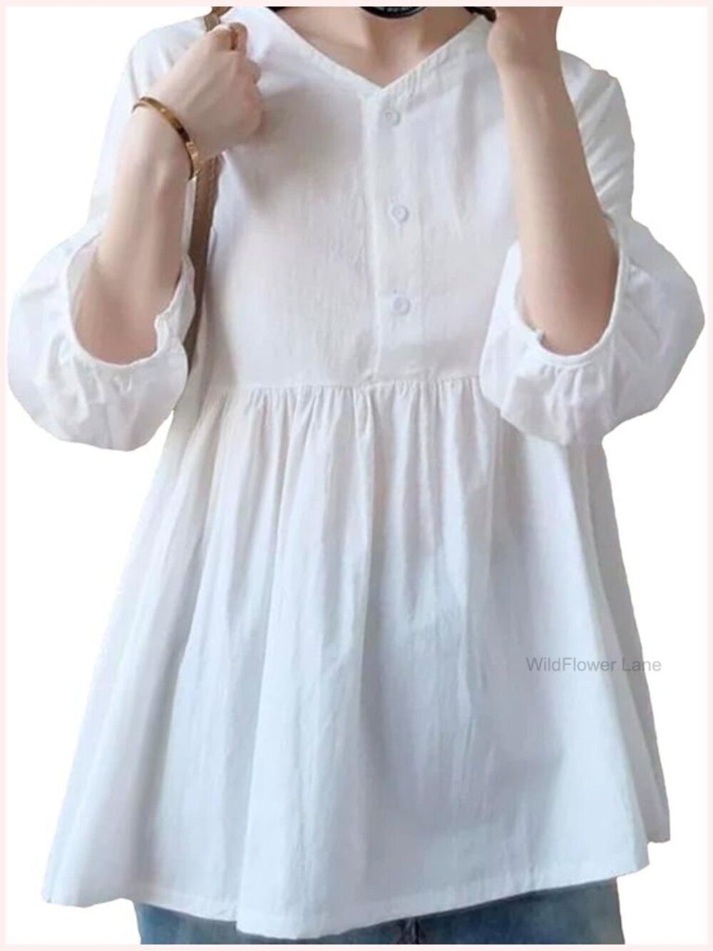 Vintage Button Down Blouse Long Sleeve Tops Crew Neck Solid